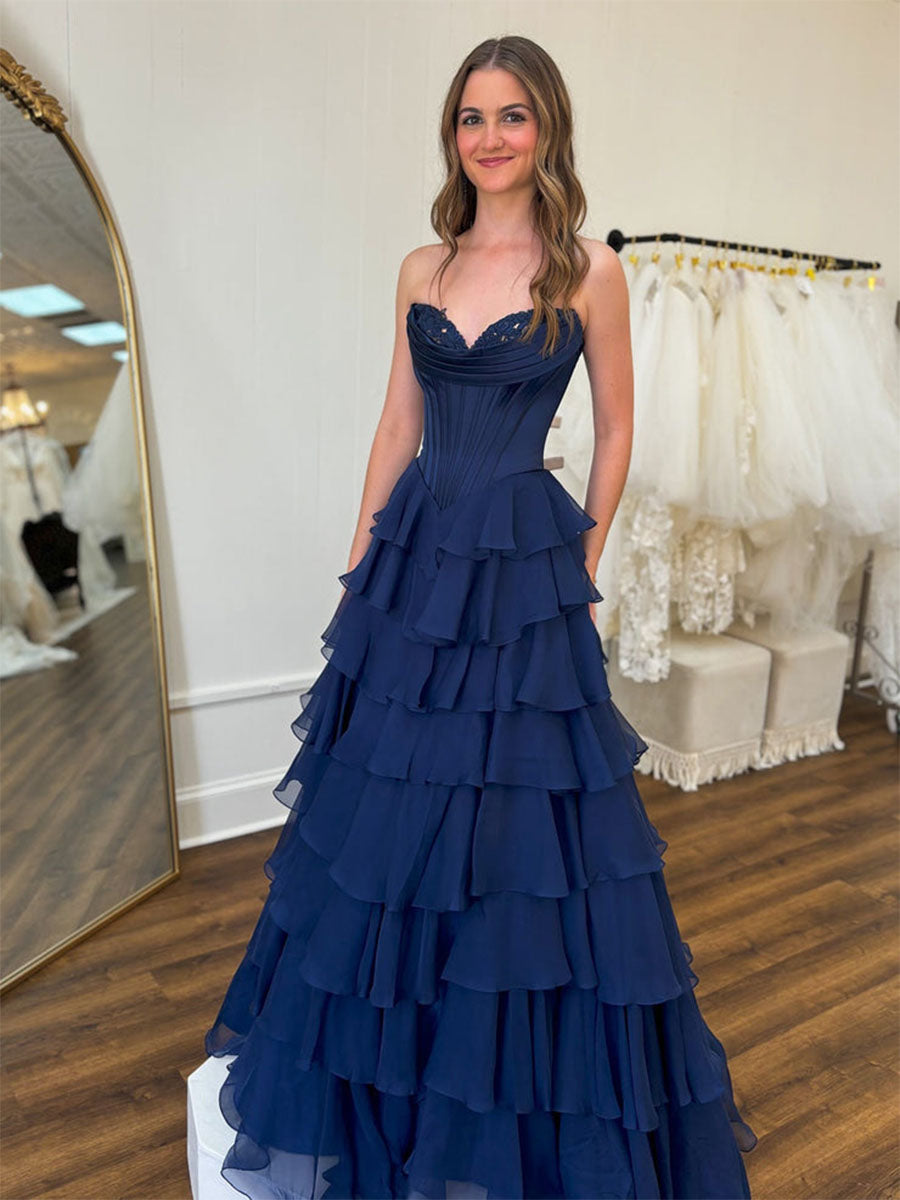 Yellow A Line Strapless Satin Corset Long Prom Dress with Ruffle Skirt