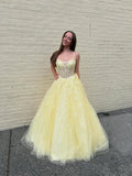 Yellow Floral A Line Lace Tulle Long Prom Dress with Appliqué