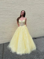 Yellow Floral A Line Lace Tulle Long Prom Dress with Appliqué