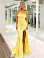Yellow Mermaid Ruffles Strapless Long Prom Dresses with Slit