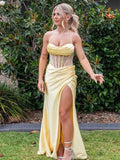 Yellow Mermaid Scoop Neck Satin Long Prom Dress with Slit