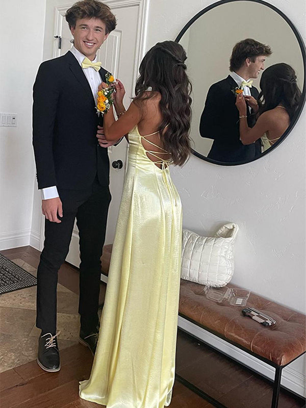 Gelbes Meerjungfrau Spaghetti-Träger Abschlussballkleid mit Schlitz