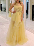 Yellow One Shoulder Tulle Long Prom Homecoming Dress with Flowers