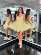 Yellow Strapless Corset A Line Short Homecoming Dress with Ruffles