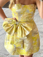 Yellow Strapless Floral Printed A Line Short Homecoming Dress with Bow