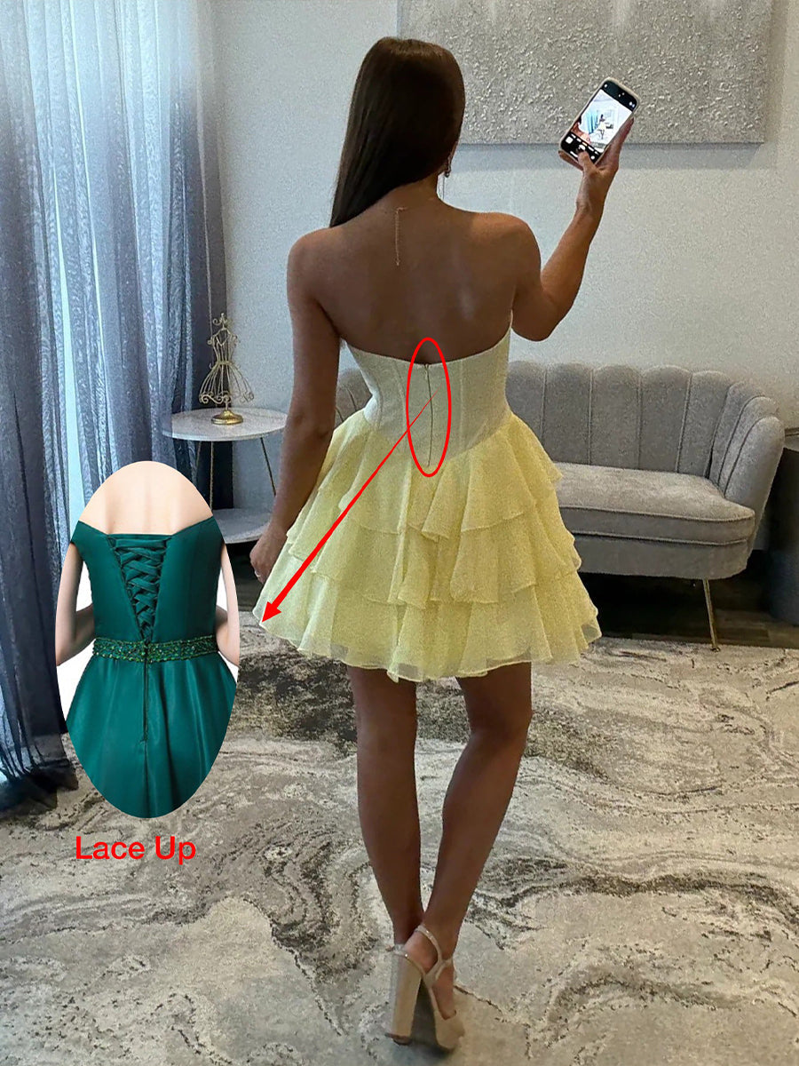 Strapless Sheer Bodice Tiered Short Homecoming Dress with Crystal – DUNALI
