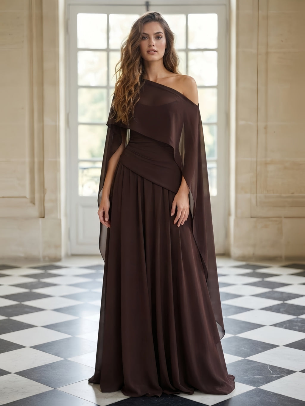 A-Line/Princess Off Shoulder Chiffon Maxi Evening Dresses with Pleats & Ruched Waist