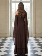 A-Line/Princess Off Shoulder Chiffon Maxi Evening Dresses with Pleats & Ruched Waist