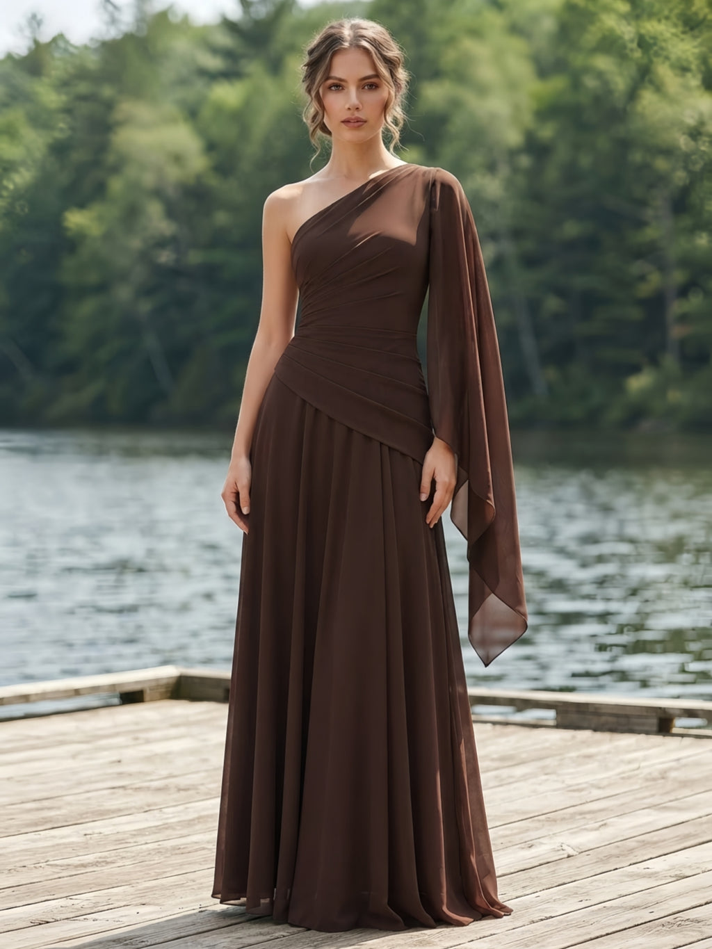 A-Line/Princess One Shoulder Chiffon Maxi Evening Dresses with Ruched Waist, Side Sash & Pleats