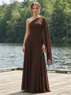 A-Line/Princess One Shoulder Chiffon Maxi Evening Dresses with Ruched Waist, Side Sash & Pleats