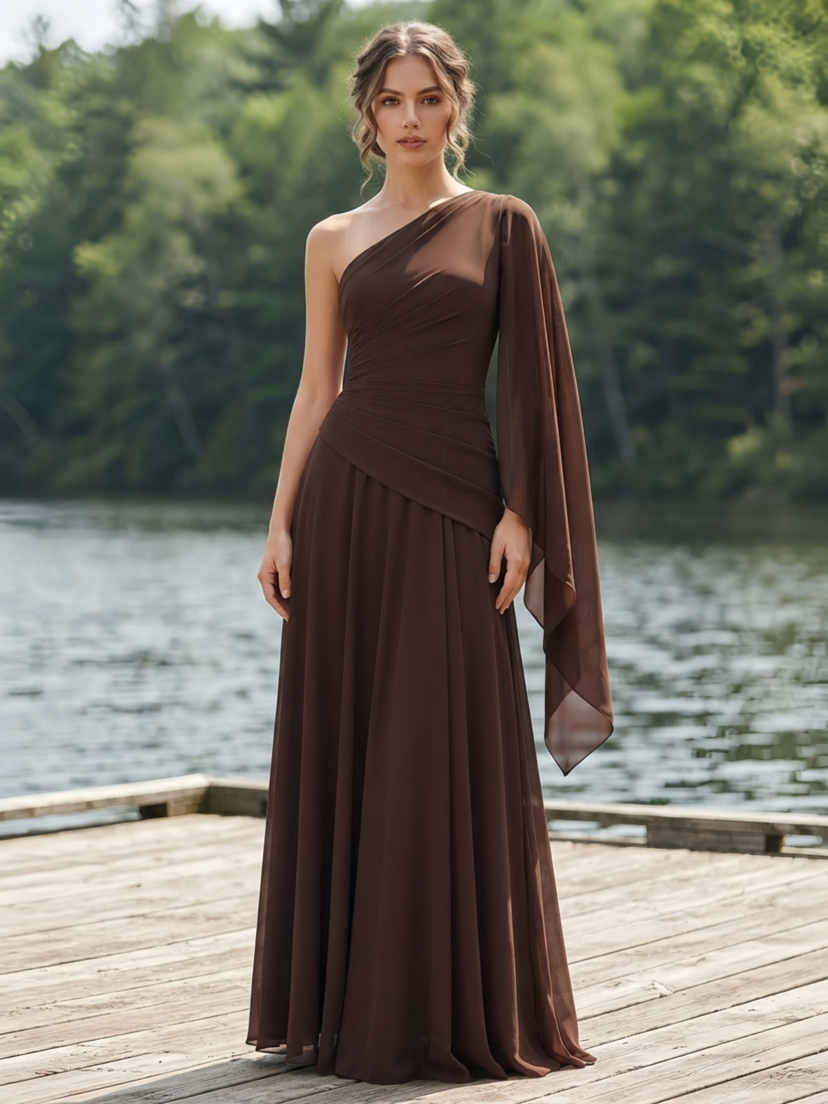 A-Line/Princess One Shoulder Chiffon Maxi Evening Dresses with Ruched Waist, Side Sash & Pleats