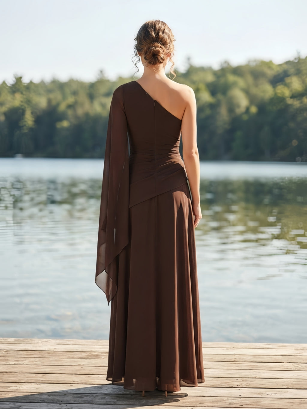A-Line/Princess One Shoulder Chiffon Maxi Evening Dresses with Ruched Waist, Side Sash & Pleats