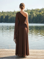 A-Line/Princess One Shoulder Chiffon Maxi Evening Dresses with Ruched Waist, Side Sash & Pleats