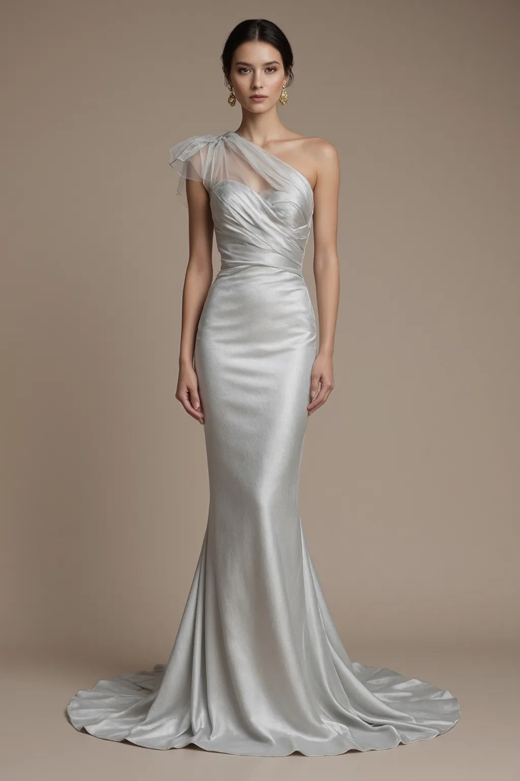 Evening Ball Silver Gray Dress One Shoulder Glitter Pleated Maxi Dress