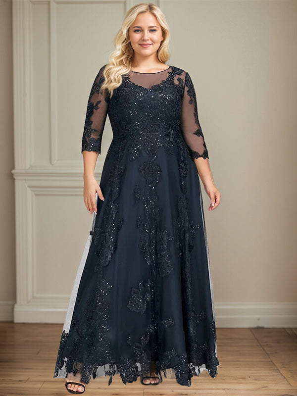 Vestido de madre de la novia de tul y encaje con ilusión en escote redondo, falda larga en línea A y lentejuelas