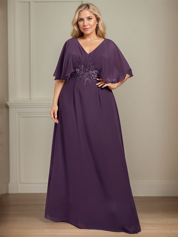 Vestido de madre de la novia largo de gasa en línea A con escote en V, apliques y plisados