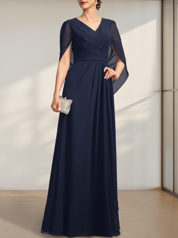 Vestido de madre de la novia línea A, escote en V, largo hasta el suelo, de gasa con pliegues