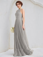 Silbernes A-Linien U-Ausschnitt bodenlanges Spitzen Chiffon Kleid mit Falten