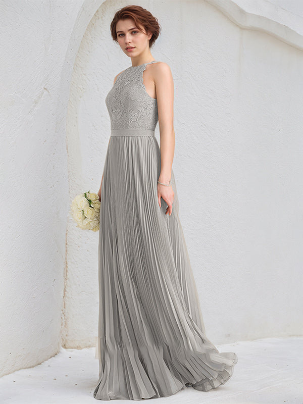 Silbernes A-Linien U-Ausschnitt bodenlanges Spitzen Chiffon Kleid mit Falten