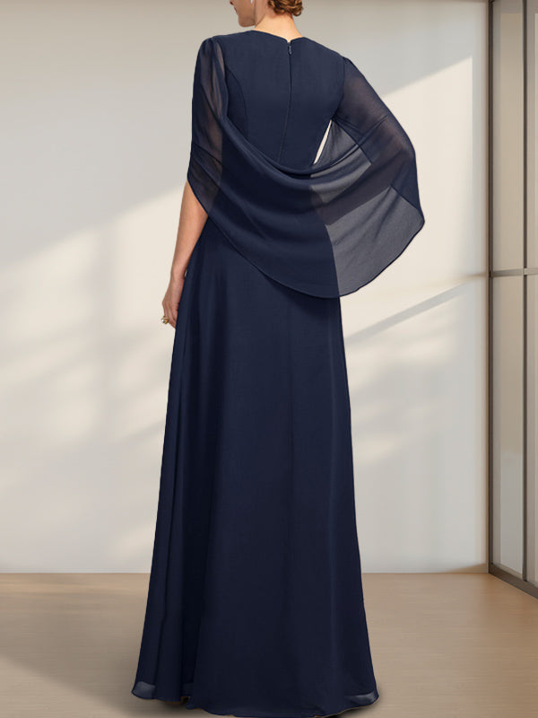 Vestido de madre de la novia línea A, escote en V, largo hasta el suelo, de gasa con pliegues