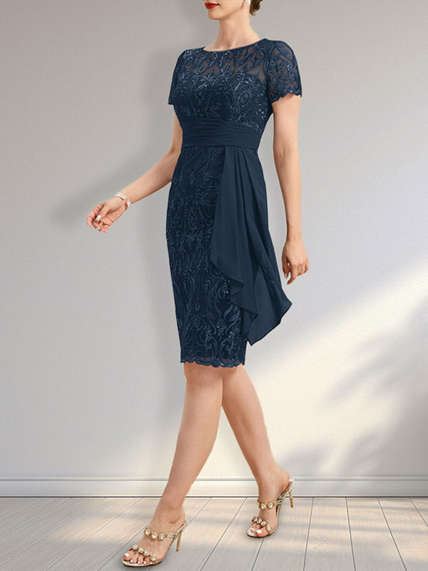 Vestido de madre de la novia hasta la rodilla estilo columna con escote ilusión redondo, encaje, gasa, volantes en cascada y lentejuelas