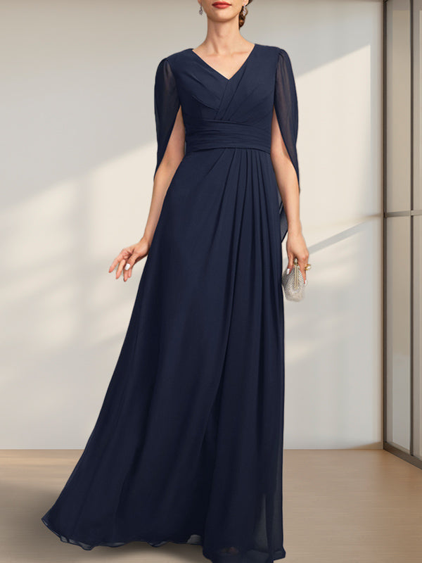 A-Linien V-Ausschnitt bodenlanges Chiffonkleid für die Brautmutter mit Falten