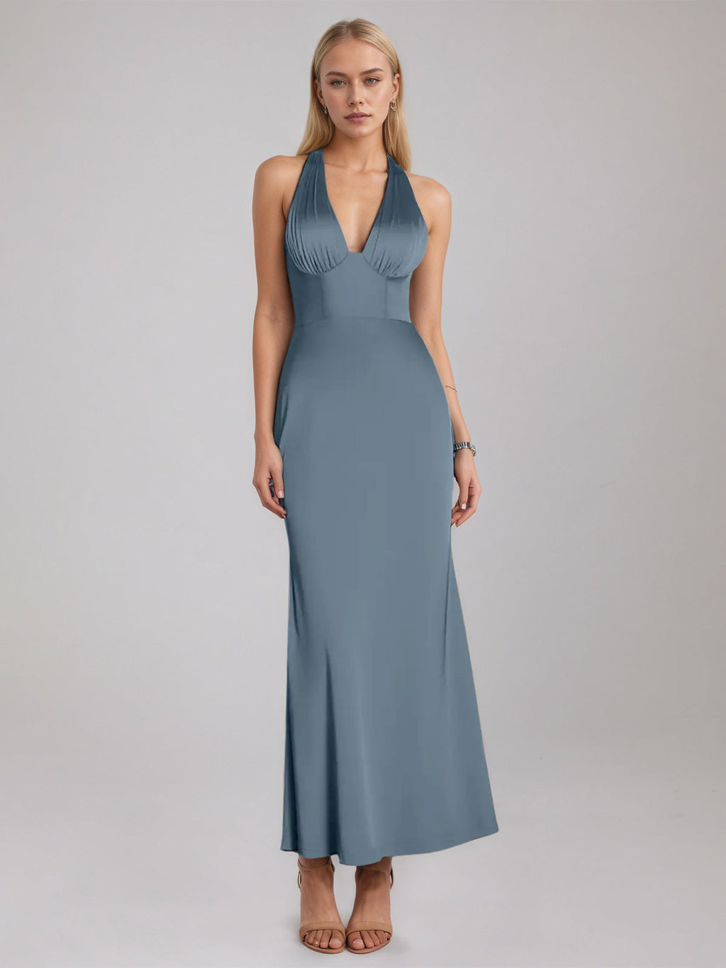 Slate Blue Sheath/Column Satin Halter Sleeveless Ankle Length Dress