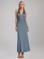 Slate Blue Sheath/Column Satin Halter Sleeveless Ankle Length Dress