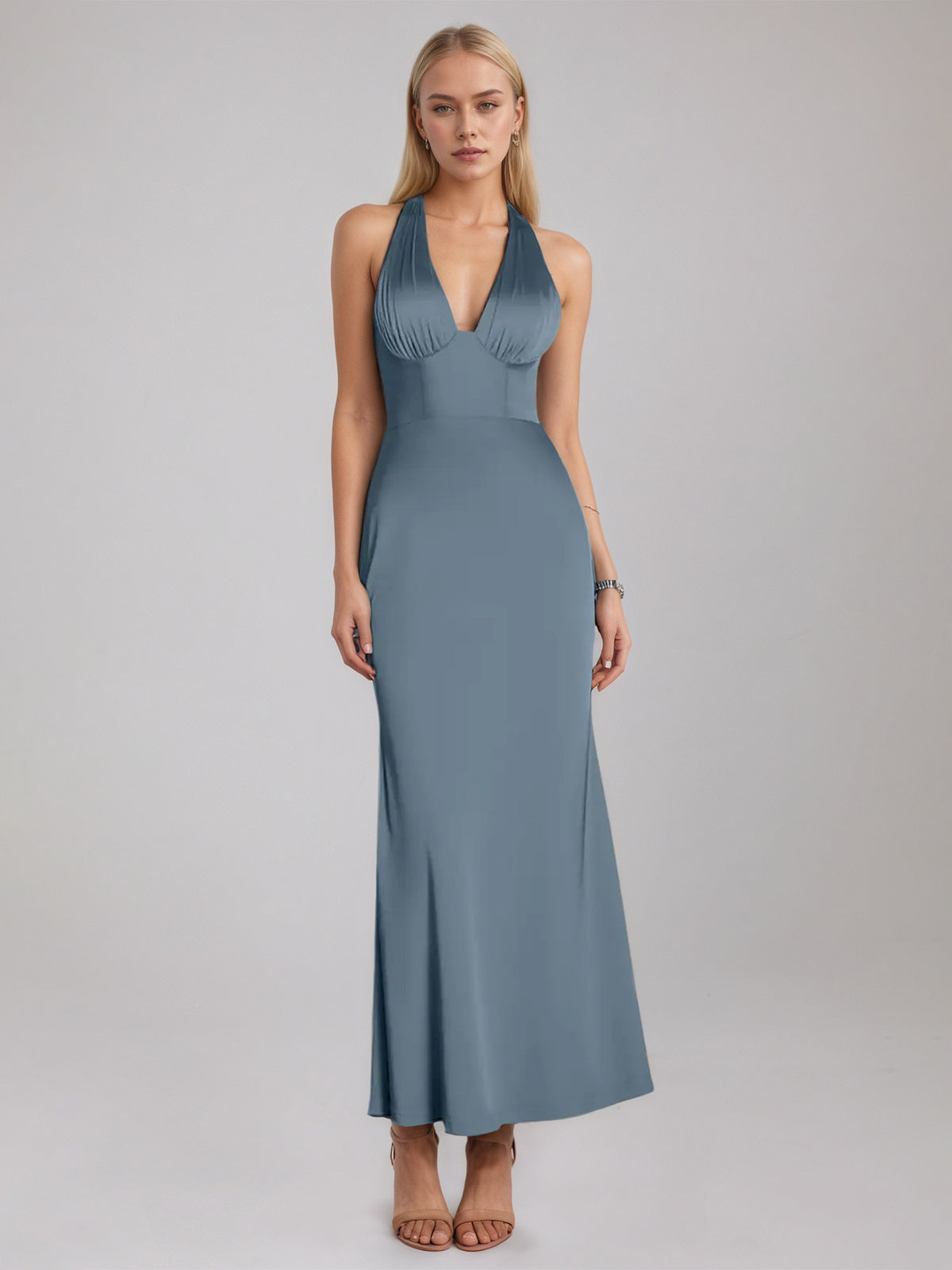 Slate Blue Sheath/Column Satin Halter Sleeveless Ankle Length Dress