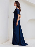 Königsblaues eng anliegendes/Schlauchkleid, schulterfrei, bodenlang, dehnbarer Kreppstoff