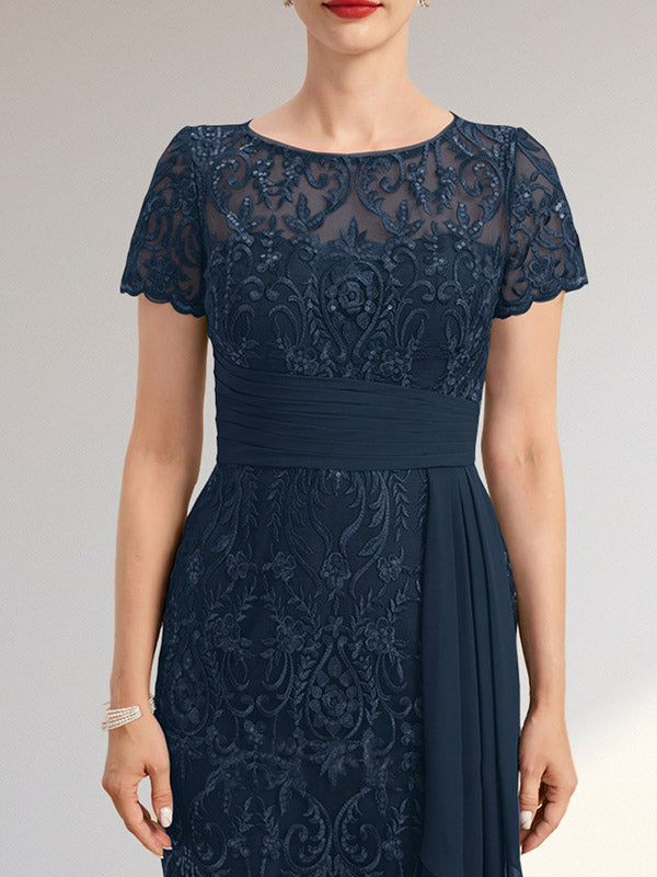 Vestido de madre de la novia hasta la rodilla estilo columna con escote ilusión redondo, encaje, gasa, volantes en cascada y lentejuelas