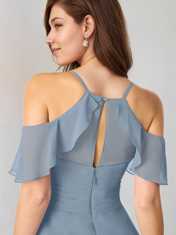 A Line Dusty Blue Chiffon Spaghetti Straps Short Sleeves Floor Length Dress With High Slit