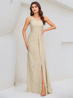 Ivory A Line Chiffon One Shoulder Sleeveless Floor Length Dress With High Slit
