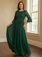 A-Linien Rundhals Knöchellanges Spitzenchiffon-Mutter-der-Braut-Kleid mit Schleife