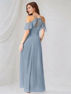 A Line Dusty Blue Chiffon Spaghetti Straps Short Sleeves Floor Length Dress With High Slit