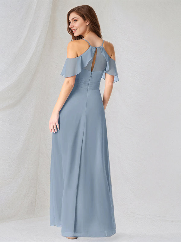 A Line Dusty Blue Chiffon Spaghetti Straps Short Sleeves Floor Length Dress With High Slit