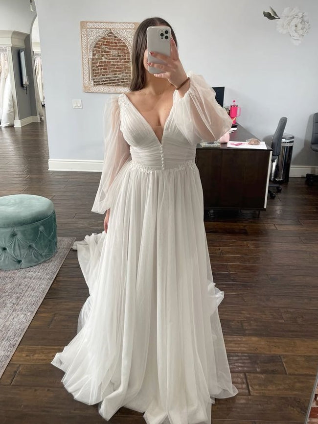 V-Neck Long Bishop Sleeve Pleated A-Line Wedding Dress