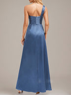 Slate Blue A-Line One Shoulder Floor-Length Satin Bridesmaid Dress With Ruffle