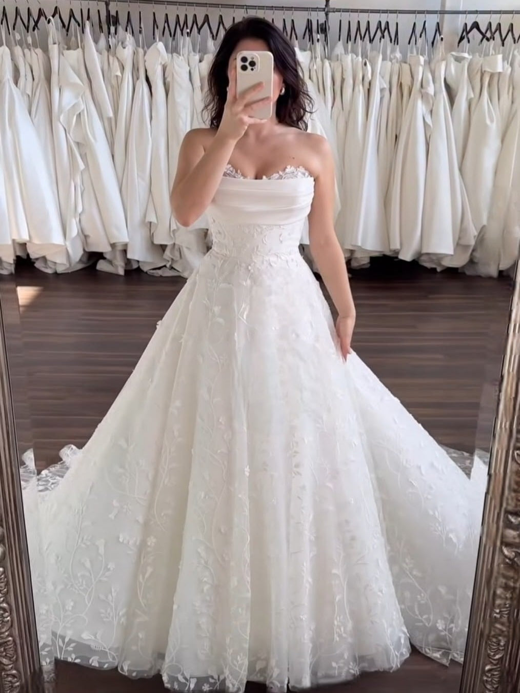Draped Sweetheart Neck Lace Floral A-Line Long Wedding Dress