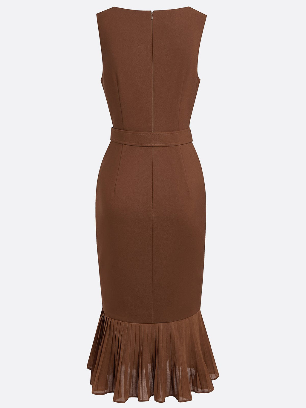 Vestido midi marrón clásico sirena sin mangas con cuello barco y abertura plisada