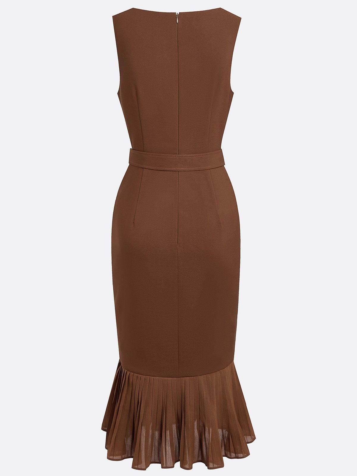 Vestido midi marrón clásico sirena sin mangas con cuello barco y abertura plisada