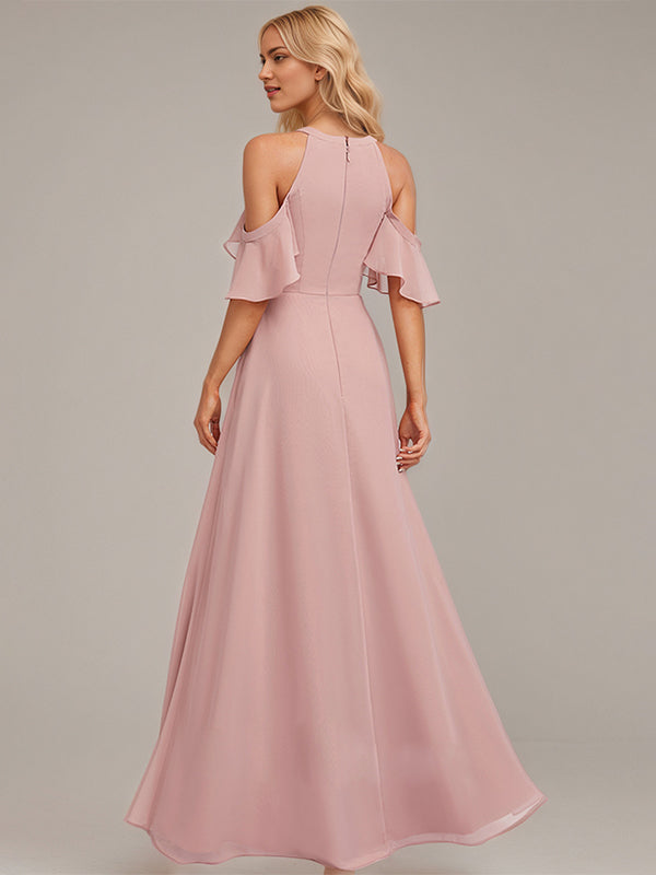Robe de demoiselle d'honneur en mousseline longueur sol, ligne A, épaules dénudées, volants, rose poussiéreux