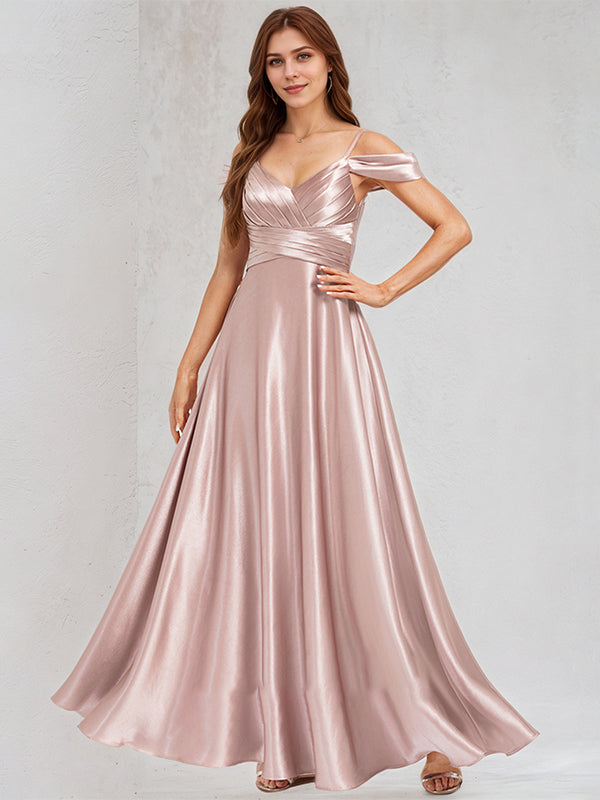 A Line Dusty Rose Satin Spaghetti Straps Sleeveless Floor Length Dress