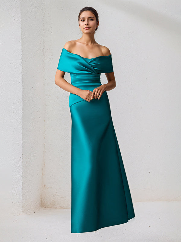 A Line Off The Shoulder Floor Length Satin Mother Of The Bride Dress