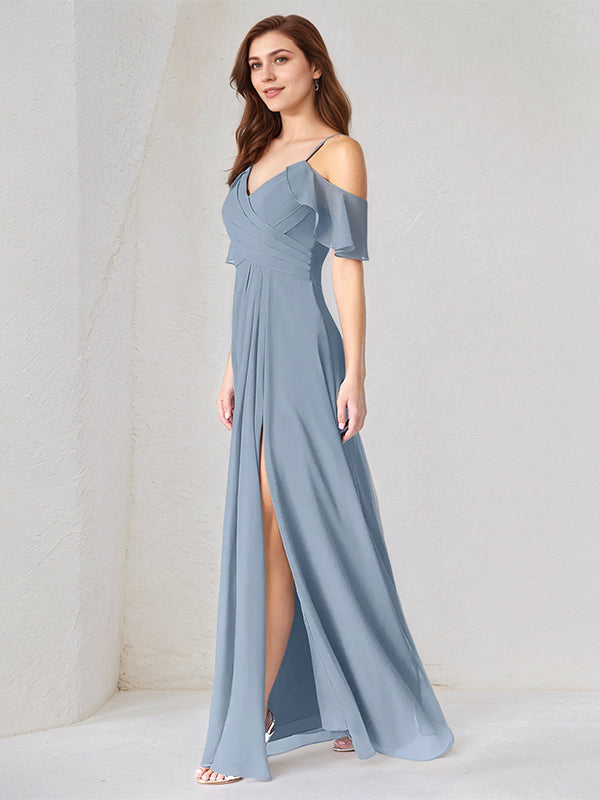 A Line Dusty Blue Chiffon Spaghetti Straps Short Sleeves Floor Length Dress With High Slit