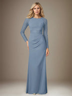 Dusty Blue Stretch Crepe Boat Neck Long Sleeves Floor Length Dress