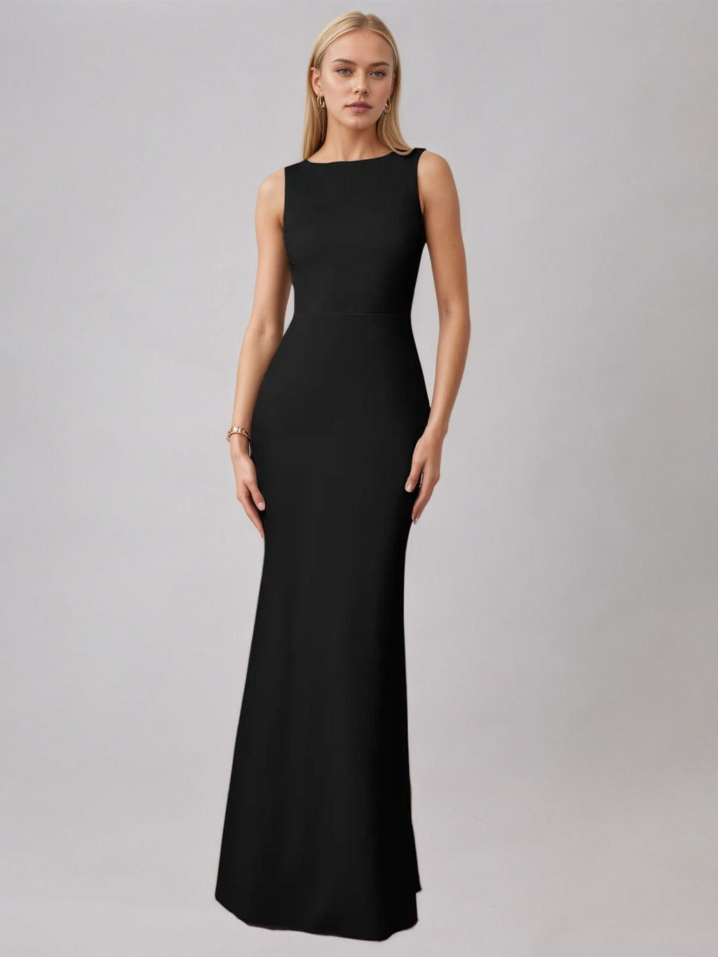 Vestido negro ajustado/columnar de satén sin mangas con escote redondo y lazo, largo hasta el suelo
