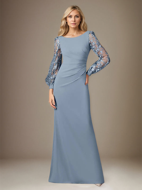 Vestido longo azul acinzentado em crepe stretch com decote redondo, mangas longas e aplicações