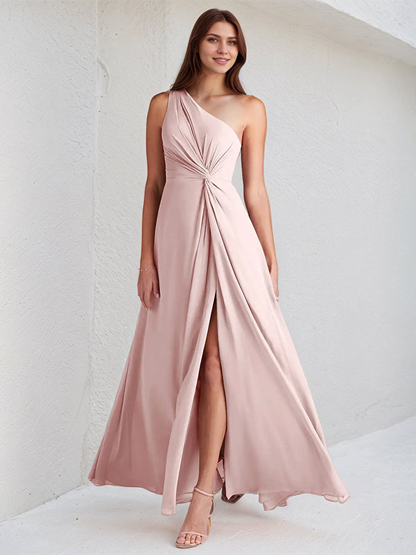 A Line Pink Chiffon One Shoulder Sleeveless Ankle Length Dress With High Slit