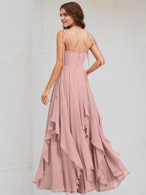 A Line Pink Chiffon Spaghetti Straps Sleeveless Floor Length Dress With Ruffles